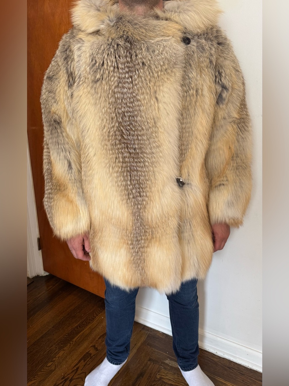 Golden island gold fox Luxurious Natural Fur Coat -Honey Blonde Tones Men  hood